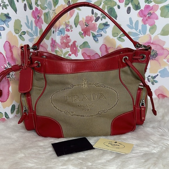 💯Authentic PRADA 
Jacquard Logo Hobo Corda Rosso🍀 - Picture 4 of 17